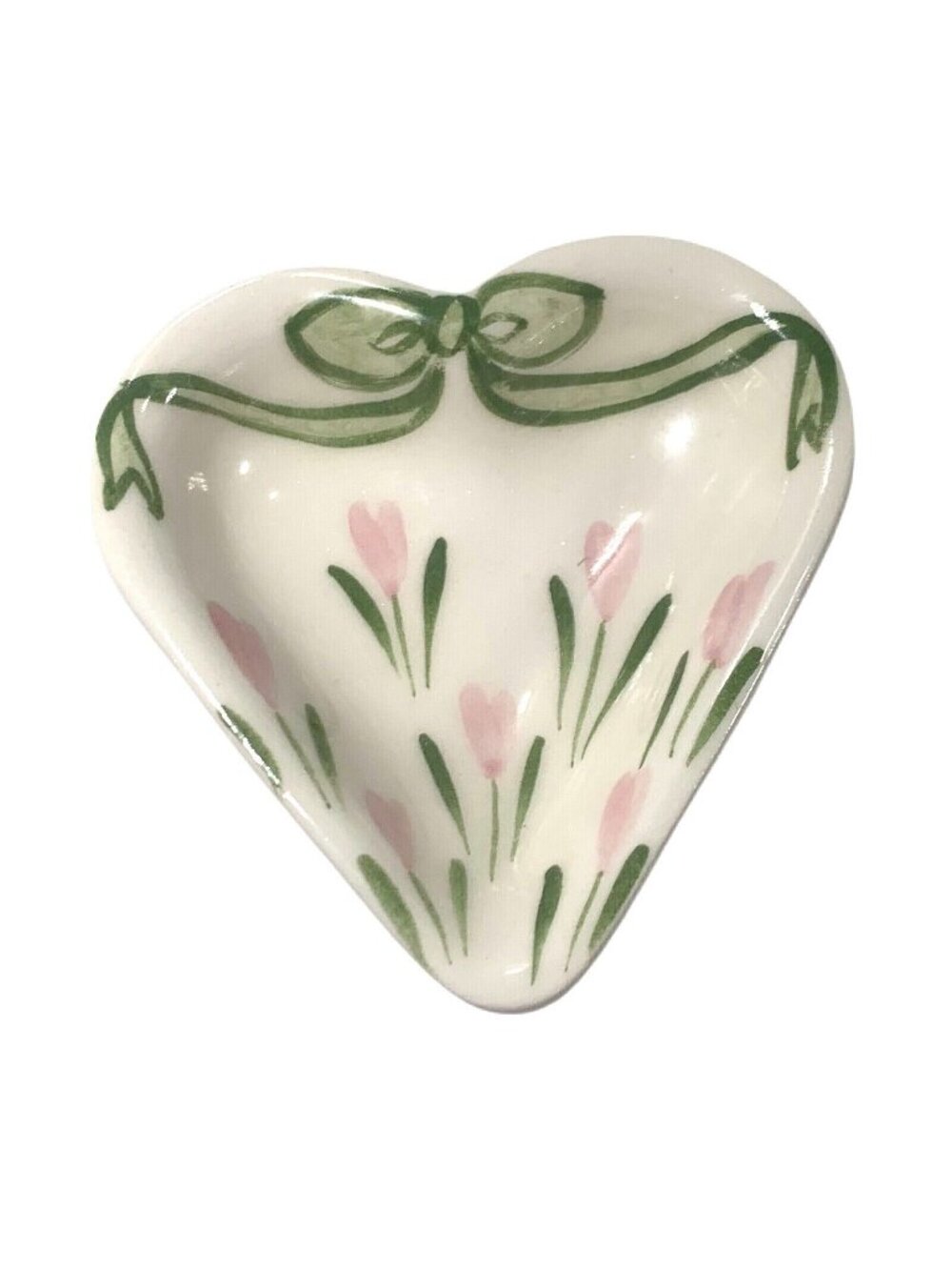 Lacoste Pottery Heart Shaped Trinket Dish Hand Painted Floral Tulips Bow Signed